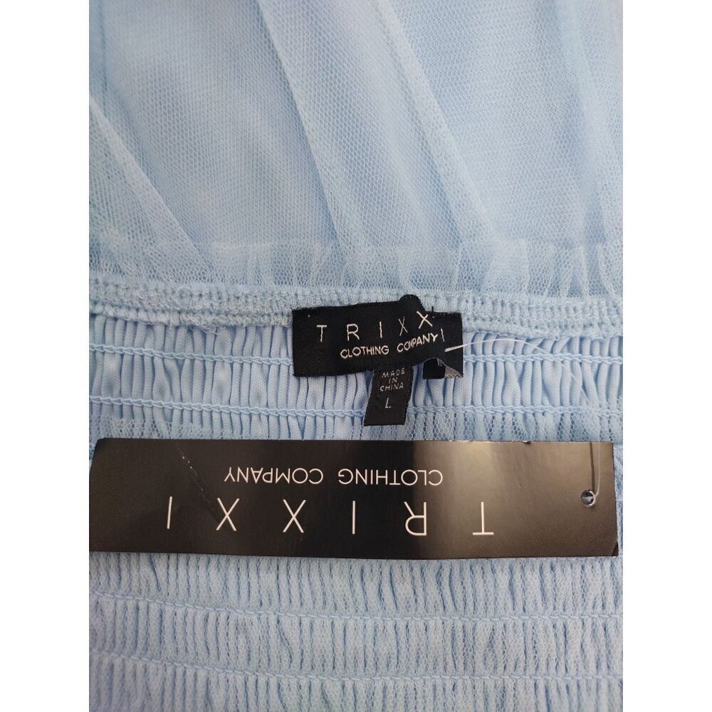 Trixxi Blue Maxi Dress, Ruffled Straps, Smocked Bodice, Size L, Polyester Mesh. - Picture 3 of 7